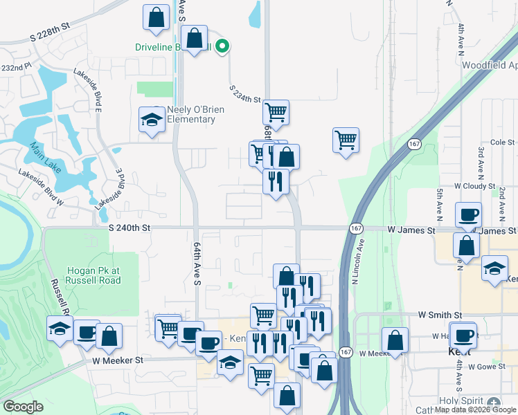 map of restaurants, bars, coffee shops, grocery stores, and more near 23907 67th Place South in Kent