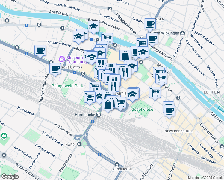 map of restaurants, bars, coffee shops, grocery stores, and more near 201 Hardstrasse in Zürich