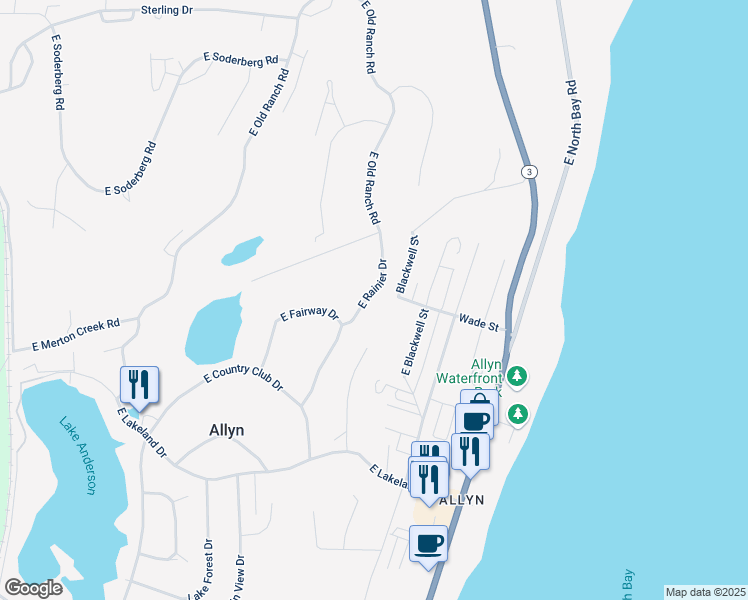 map of restaurants, bars, coffee shops, grocery stores, and more near 80 East Rainier Drive in Mason County