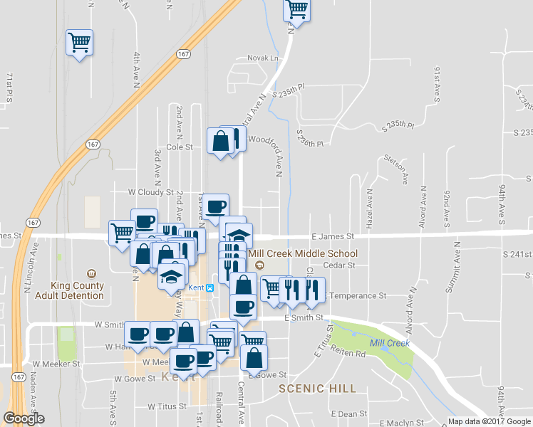 map of restaurants, bars, coffee shops, grocery stores, and more near 749 Woodford Avenue North in Kent