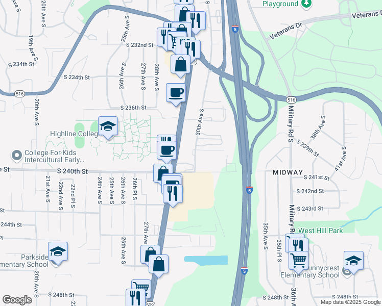map of restaurants, bars, coffee shops, grocery stores, and more near 23810 Pacific Highway South in Kent