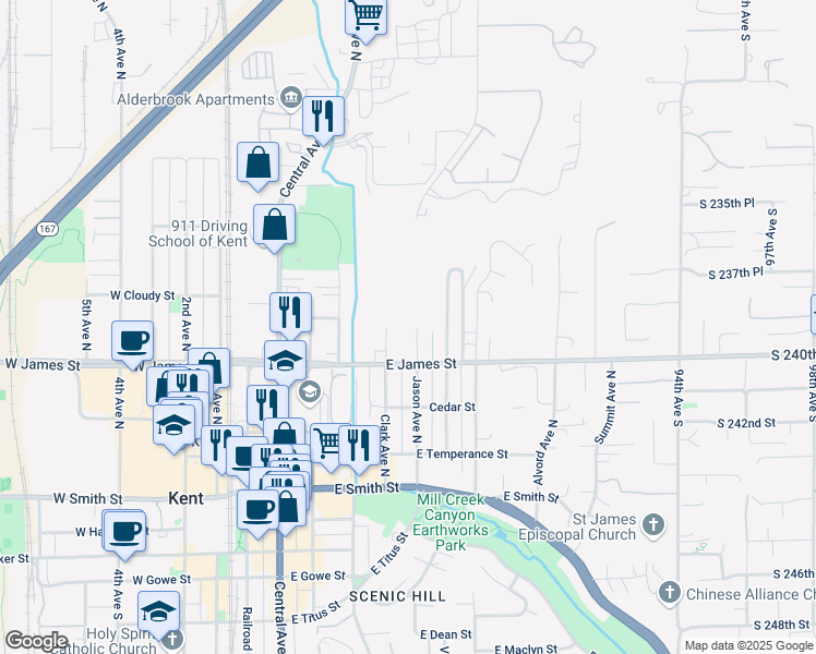 map of restaurants, bars, coffee shops, grocery stores, and more near 731 Jason Avenue North in Kent