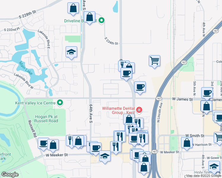 map of restaurants, bars, coffee shops, grocery stores, and more near 6711 South 239th Place in Kent