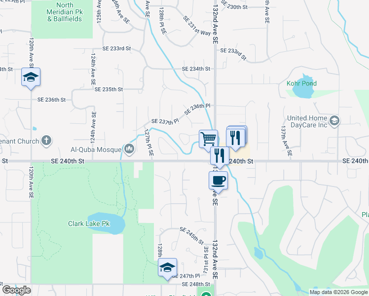 map of restaurants, bars, coffee shops, grocery stores, and more near 12910 Southeast 240th Street in Kent