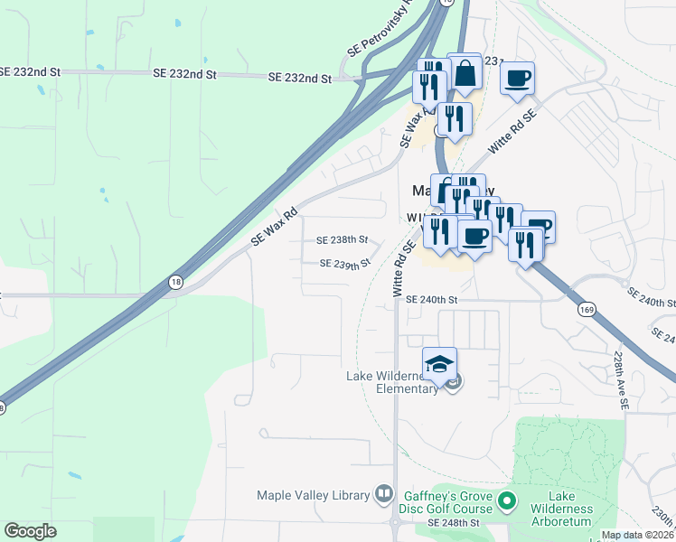 map of restaurants, bars, coffee shops, grocery stores, and more near 21723 Southeast 239th Street in Maple Valley