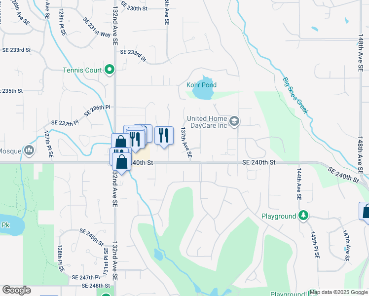 map of restaurants, bars, coffee shops, grocery stores, and more near 13616 Southeast 239th Street in Kent