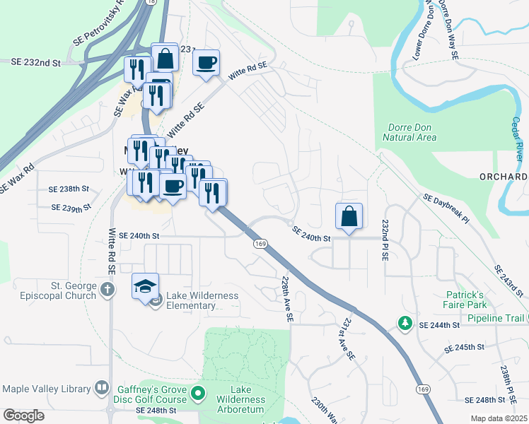 map of restaurants, bars, coffee shops, grocery stores, and more near 22646 Southeast 240th Street in Maple Valley