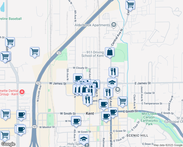 map of restaurants, bars, coffee shops, grocery stores, and more near 759 2nd Avenue North in Kent