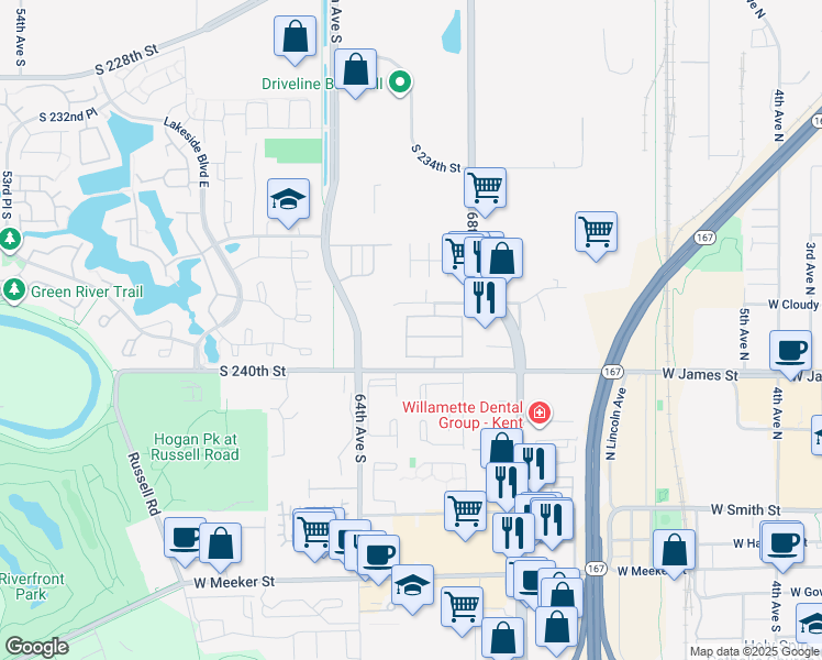 map of restaurants, bars, coffee shops, grocery stores, and more near 6611 South 238th Place in Kent