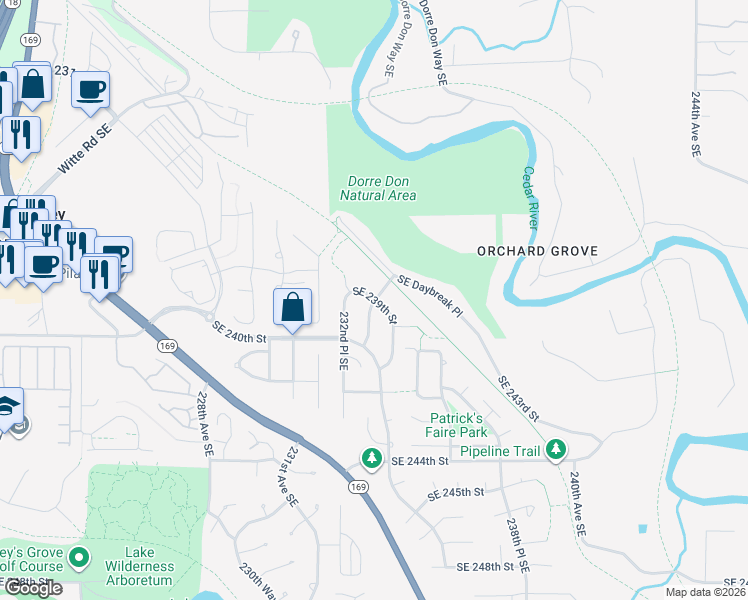 map of restaurants, bars, coffee shops, grocery stores, and more near 23299 Southeast 239th Street in Maple Valley