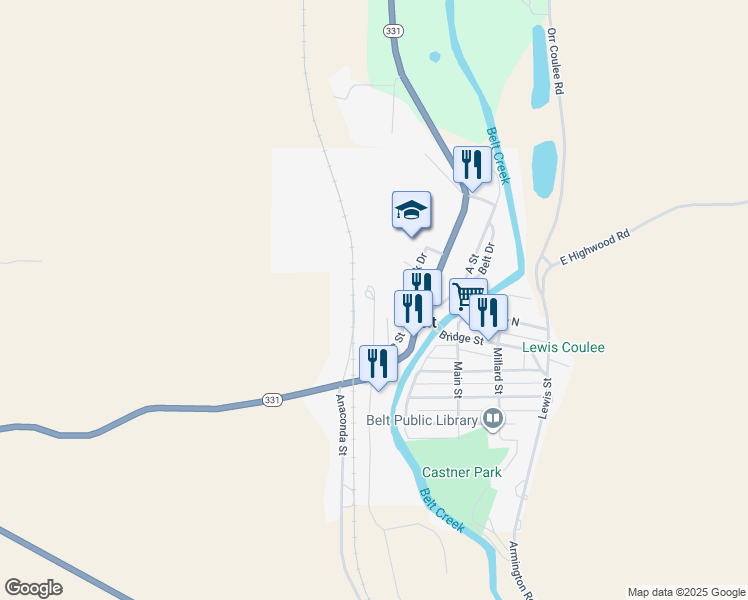 map of restaurants, bars, coffee shops, grocery stores, and more near 22 5th St N in Belt