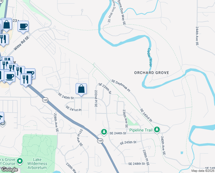 map of restaurants, bars, coffee shops, grocery stores, and more near 23306 Southeast 239th Street in Maple Valley
