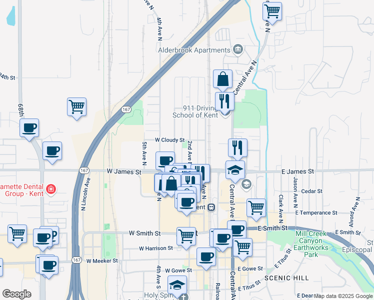 map of restaurants, bars, coffee shops, grocery stores, and more near 741 2nd Avenue North in Kent