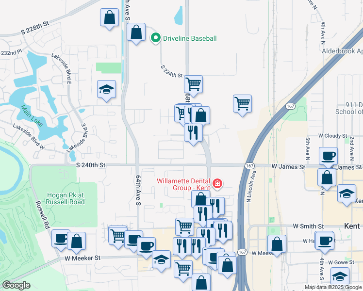 map of restaurants, bars, coffee shops, grocery stores, and more near 23825 67th Place South in Kent