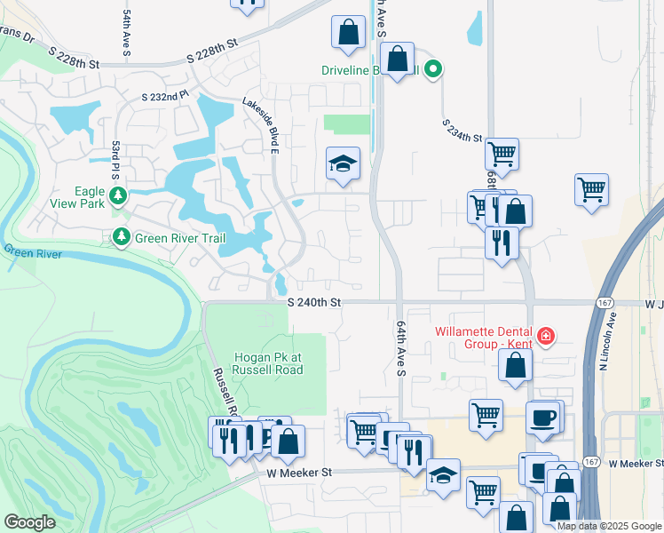 map of restaurants, bars, coffee shops, grocery stores, and more near 6215 South 238th Place in Kent