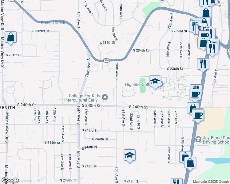 map of restaurants, bars, coffee shops, grocery stores, and more near 23819 20th Avenue South in Des Moines