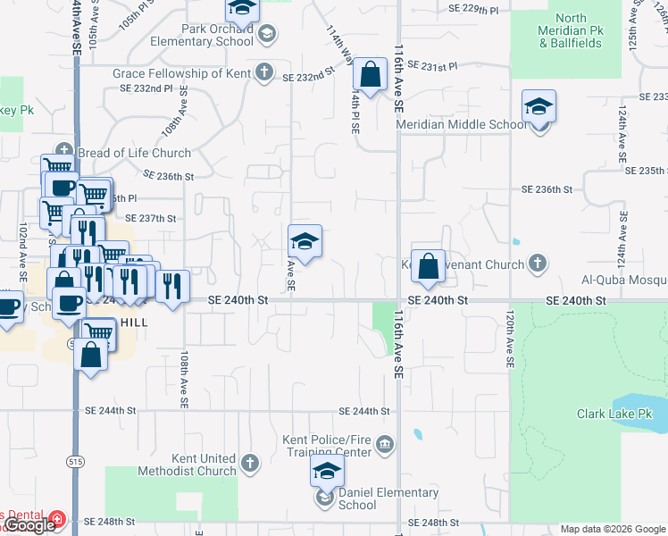 map of restaurants, bars, coffee shops, grocery stores, and more near 23823 114th Avenue Southeast in Kent