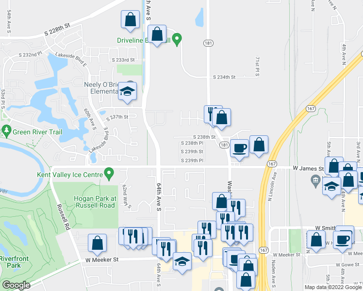 map of restaurants, bars, coffee shops, grocery stores, and more near 6611 South 238th Place in Kent