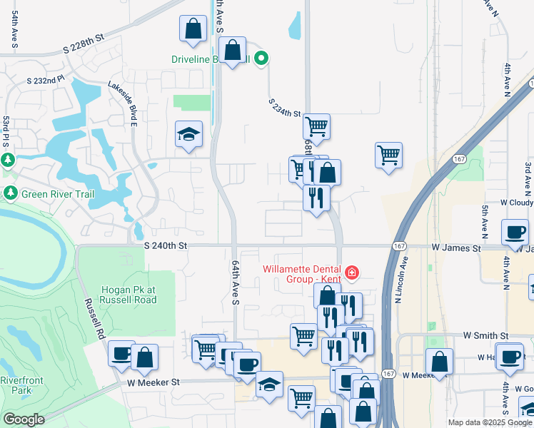 map of restaurants, bars, coffee shops, grocery stores, and more near 6611 South 238th Place in Kent