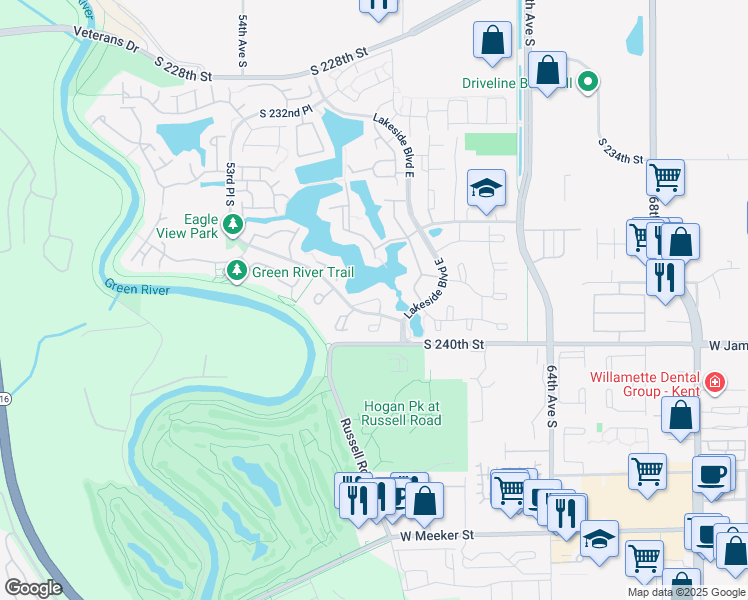 map of restaurants, bars, coffee shops, grocery stores, and more near 5736 South 238th Court in Kent