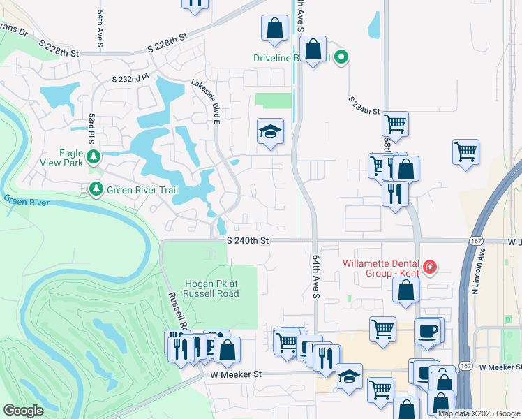 map of restaurants, bars, coffee shops, grocery stores, and more near 6305 South 238th Place in Kent