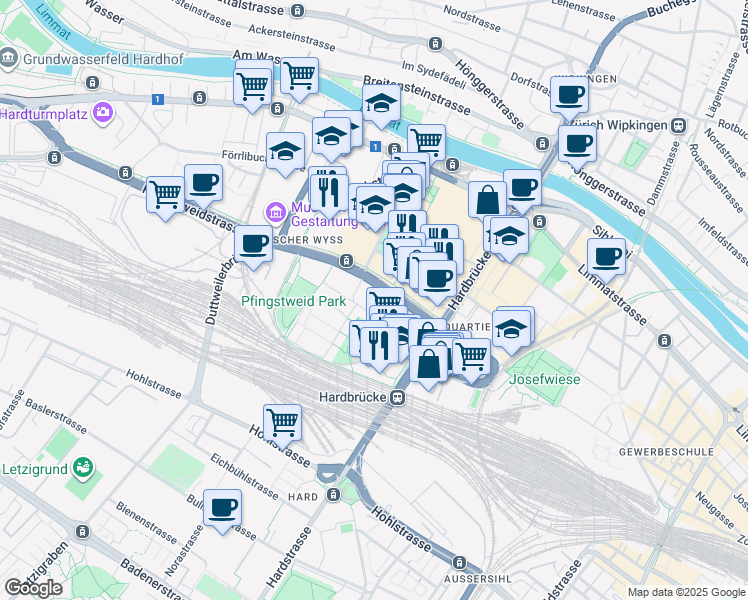 map of restaurants, bars, coffee shops, grocery stores, and more near 31 Pfingstweidstrasse in Zürich