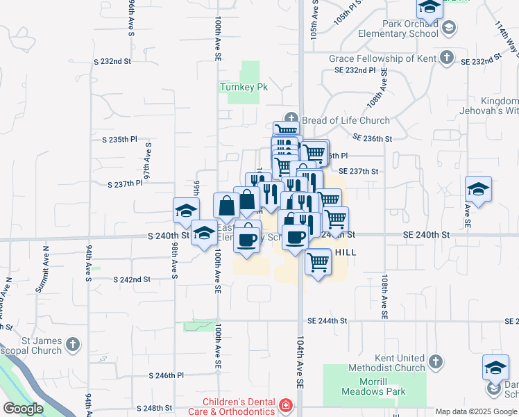 map of restaurants, bars, coffee shops, grocery stores, and more near 23920 102nd Avenue Southeast in Kent
