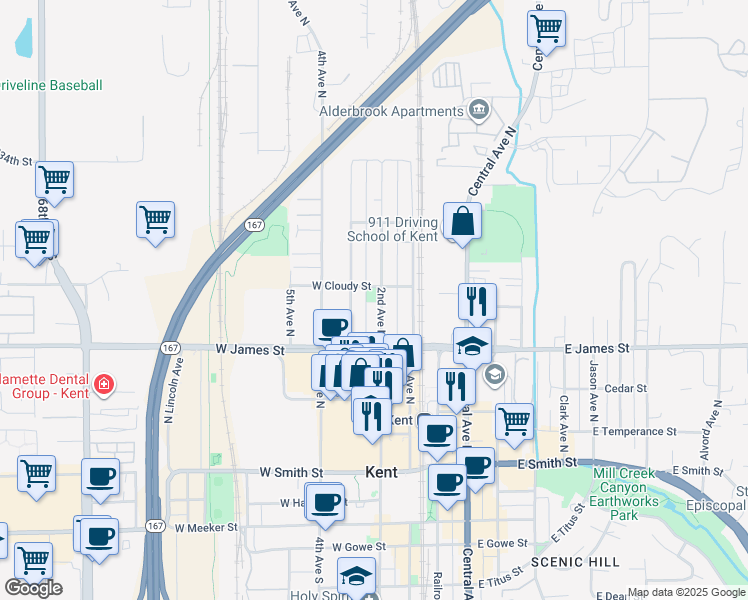 map of restaurants, bars, coffee shops, grocery stores, and more near 759 2nd Avenue North in Kent