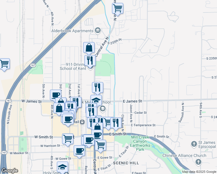map of restaurants, bars, coffee shops, grocery stores, and more near 749 Woodford Avenue North in Kent