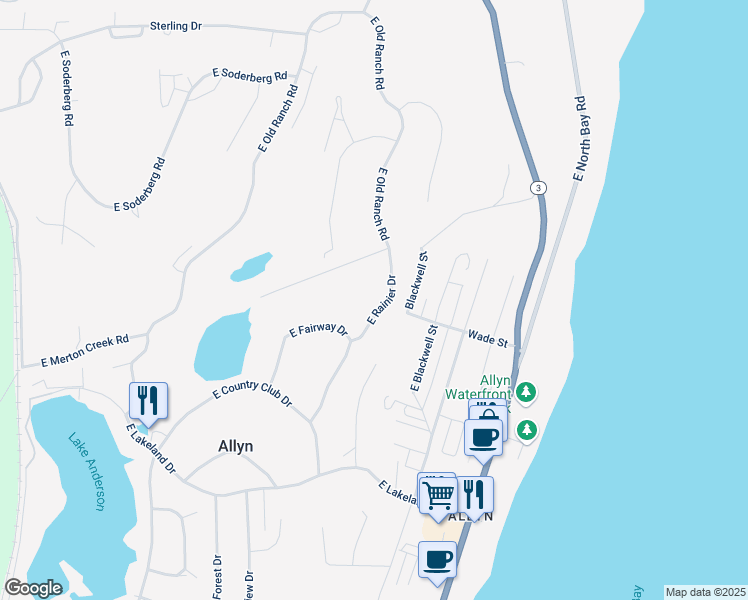 map of restaurants, bars, coffee shops, grocery stores, and more near 80 East Rainier Drive in Mason County