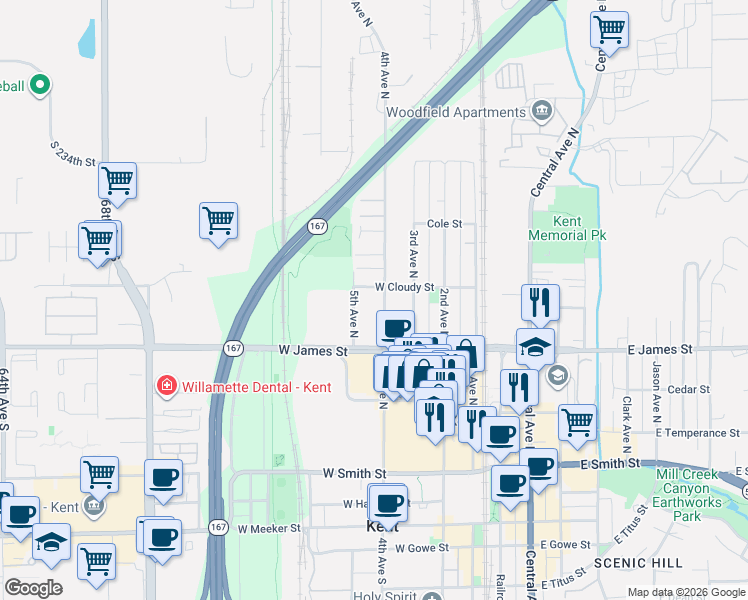 map of restaurants, bars, coffee shops, grocery stores, and more near 743 4th Avenue North in Kent