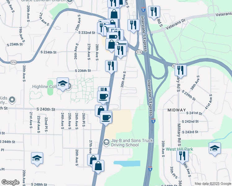 map of restaurants, bars, coffee shops, grocery stores, and more near 23810 Pacific Highway South in Kent