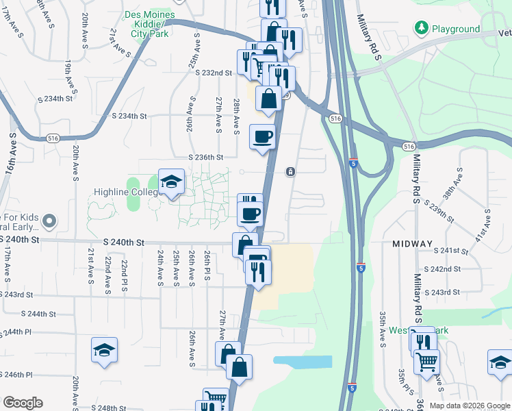 map of restaurants, bars, coffee shops, grocery stores, and more near 23835 Washington 509 in Kent