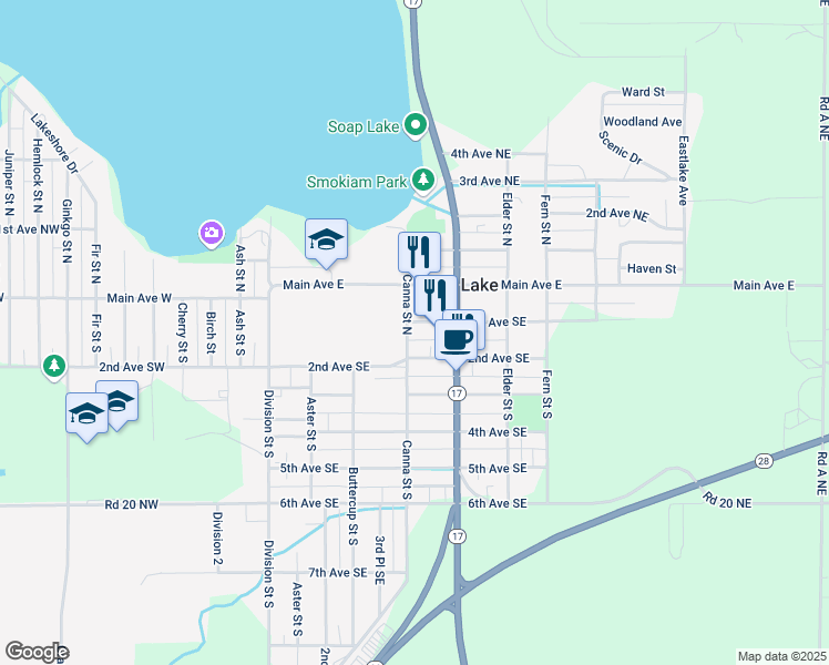 map of restaurants, bars, coffee shops, grocery stores, and more near 33 Canna Street South in Soap Lake
