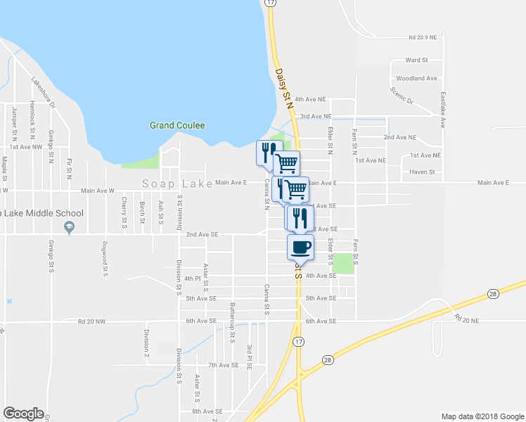 map of restaurants, bars, coffee shops, grocery stores, and more near 33 Canna Street South in Soap Lake