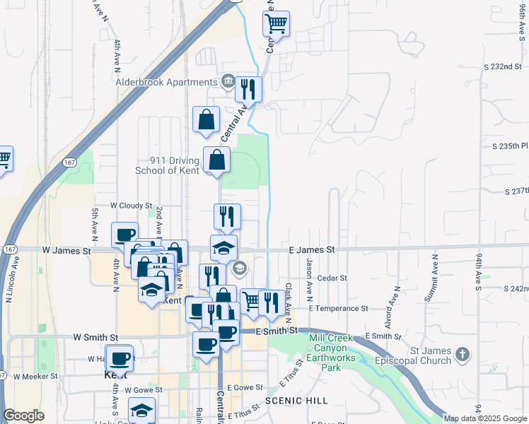 map of restaurants, bars, coffee shops, grocery stores, and more near 749 Woodford Avenue North in Kent