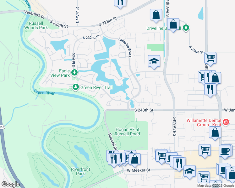 map of restaurants, bars, coffee shops, grocery stores, and more near 5736 South 238th Court in Kent