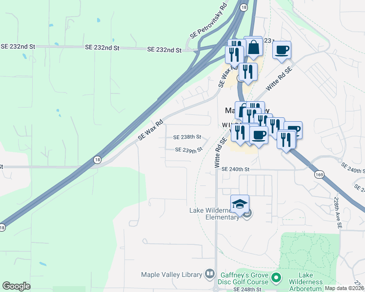 map of restaurants, bars, coffee shops, grocery stores, and more near 21714 Southeast 239th Street in Maple Valley