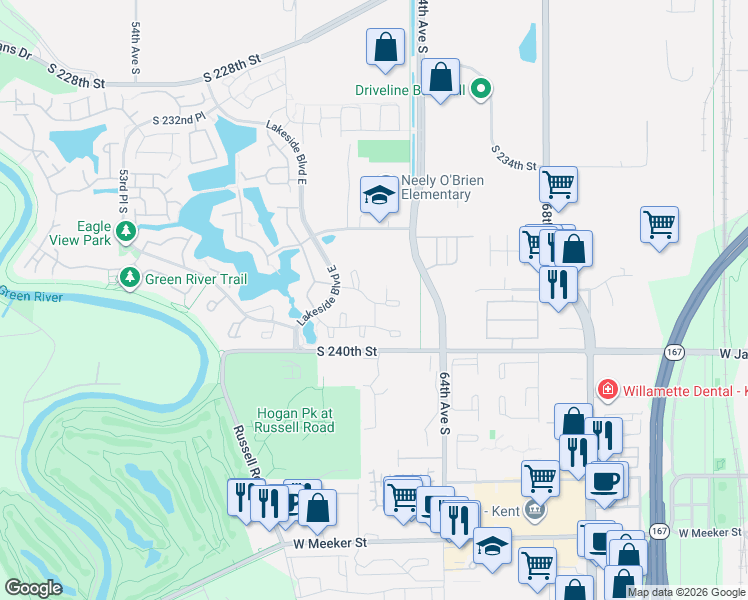 map of restaurants, bars, coffee shops, grocery stores, and more near 6230 South 238th Place in Kent