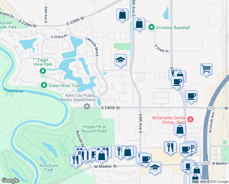 map of restaurants, bars, coffee shops, grocery stores, and more near 6215 South 238th Place in Kent