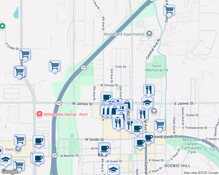 map of restaurants, bars, coffee shops, grocery stores, and more near 759 3rd Avenue North in Kent