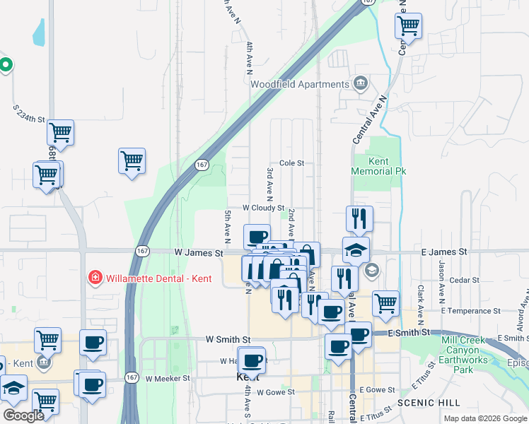map of restaurants, bars, coffee shops, grocery stores, and more near 759 3rd Avenue North in Kent