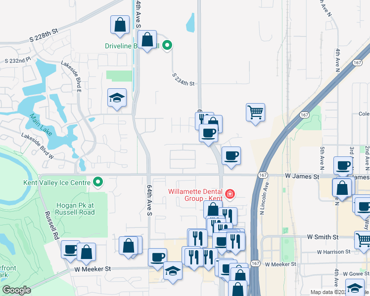 map of restaurants, bars, coffee shops, grocery stores, and more near 23825 67th Place South in Kent