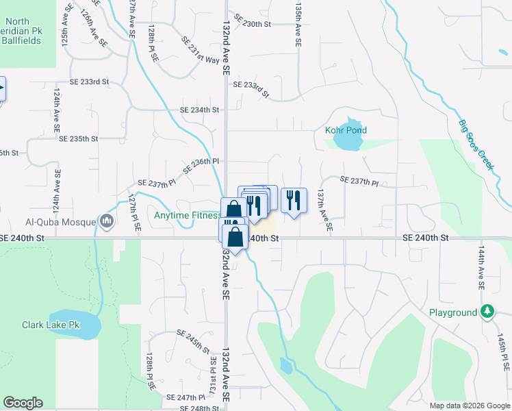 map of restaurants, bars, coffee shops, grocery stores, and more near 13306 Southeast 238th Place in Kent