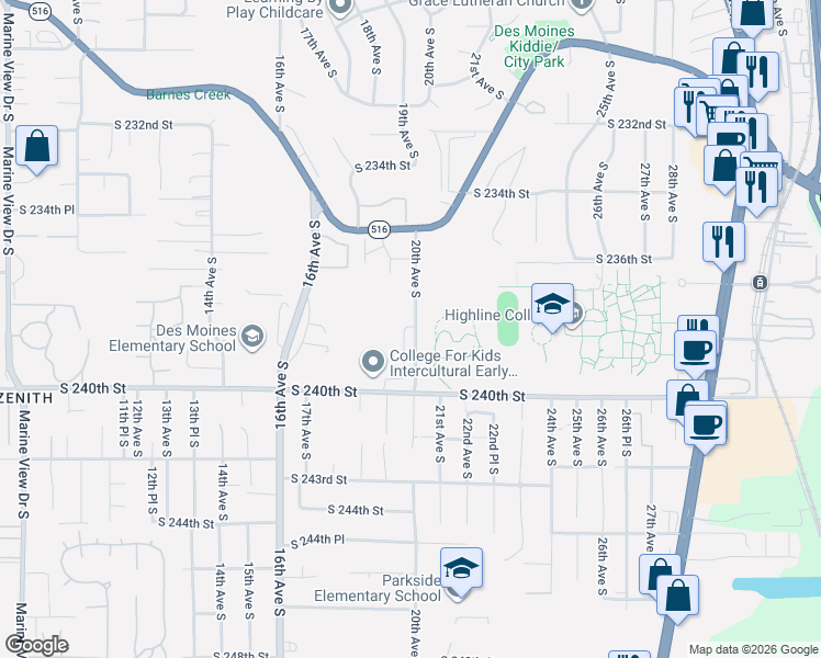 map of restaurants, bars, coffee shops, grocery stores, and more near 23819 20th Avenue South in Des Moines