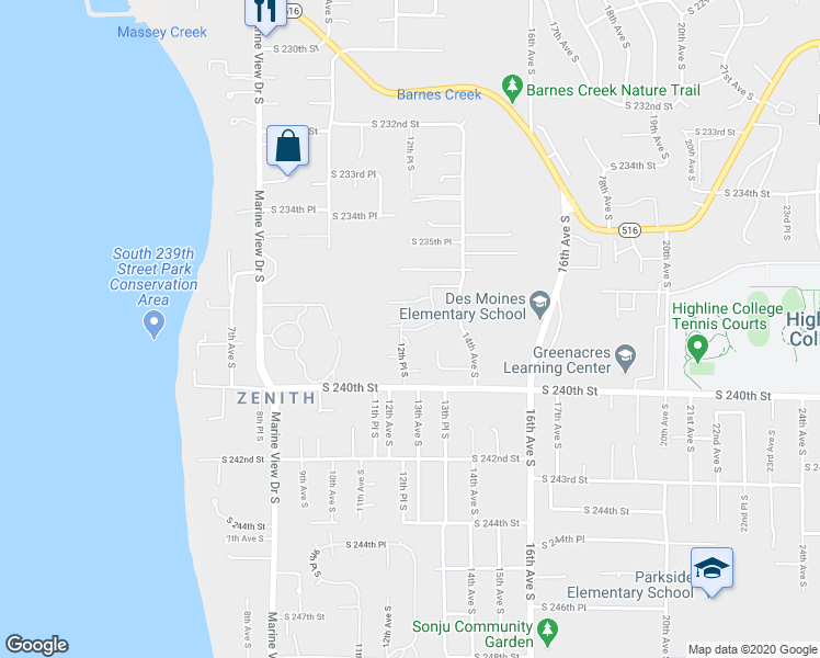 map of restaurants, bars, coffee shops, grocery stores, and more near 23718 13th Place South in Des Moines