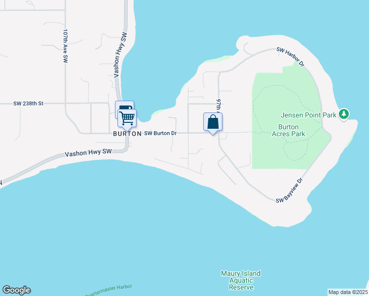 map of restaurants, bars, coffee shops, grocery stores, and more near 10003 Southwest Burton Drive in Vashon