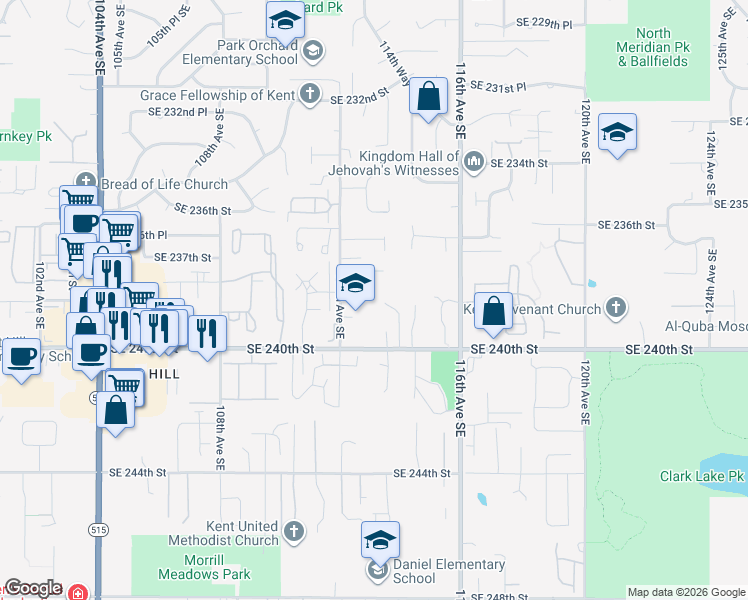 map of restaurants, bars, coffee shops, grocery stores, and more near 23823 114th Avenue Southeast in Kent