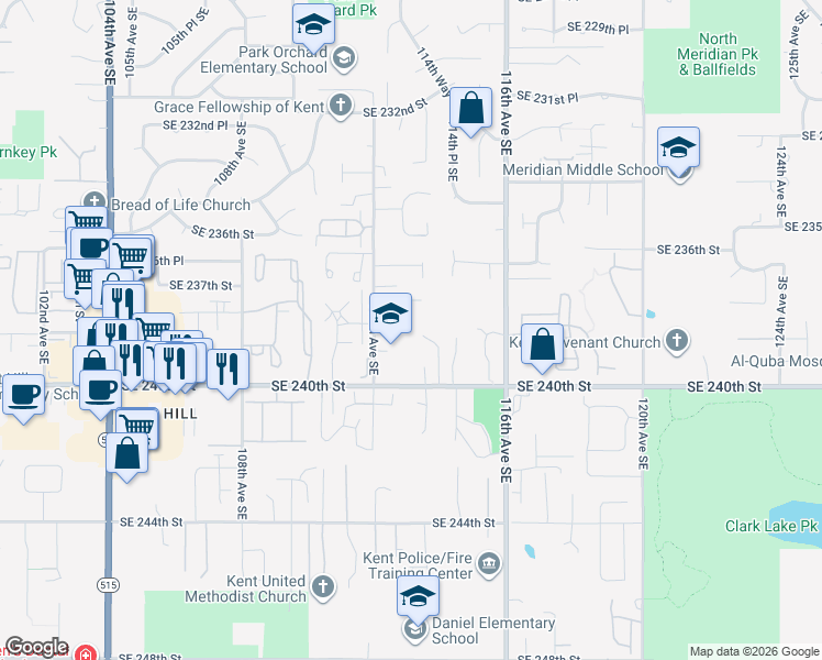 map of restaurants, bars, coffee shops, grocery stores, and more near 23823 114th Avenue Southeast in Kent