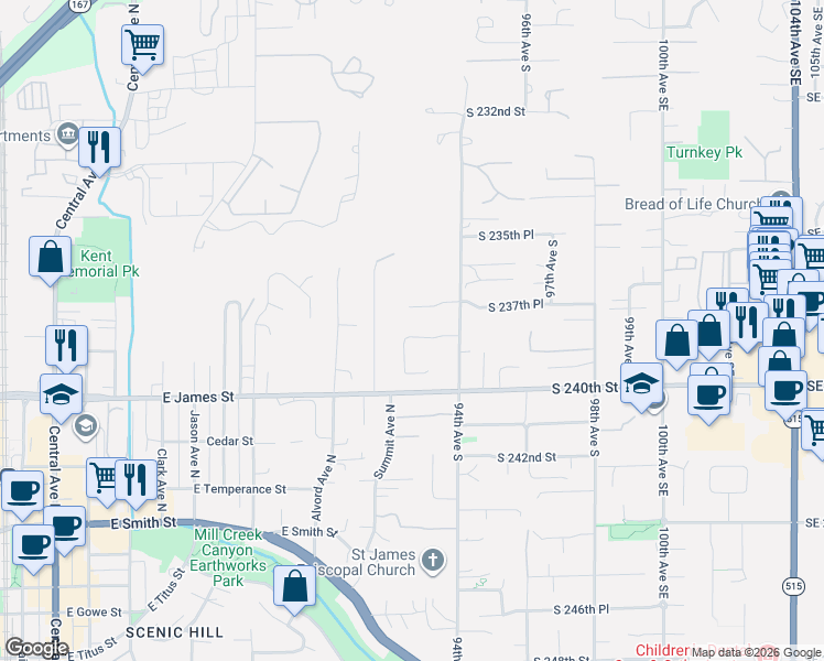 map of restaurants, bars, coffee shops, grocery stores, and more near 9207 South 239th Street in Kent